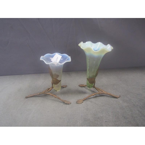 1367 - TWO ART NOUVEAU OPALESCENT VASES ON GILT STANDS, LARGEST 18cms H