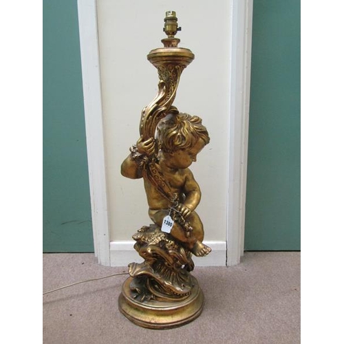 1380 - LARGE GILT PAINTED CHERUB TABLE LIGHT 79cms H