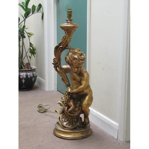 1380 - LARGE GILT PAINTED CHERUB TABLE LIGHT 79cms H