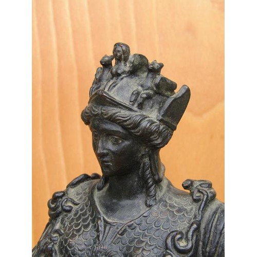45 - A 19c patinated bronze figure of Athena, Goddess of War, on a circular stepped base, 28cm h.