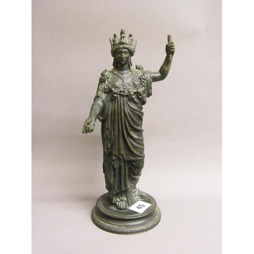 45 - A 19c patinated bronze figure of Athena, Goddess of War, on a circular stepped base, 28cm h.