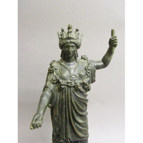 45 - A 19c patinated bronze figure of Athena, Goddess of War, on a circular stepped base, 28cm h.