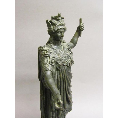 45 - A 19c patinated bronze figure of Athena, Goddess of War, on a circular stepped base, 28cm h.