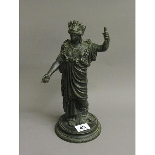 45 - A 19c patinated bronze figure of Athena, Goddess of War, on a circular stepped base, 28cm h.