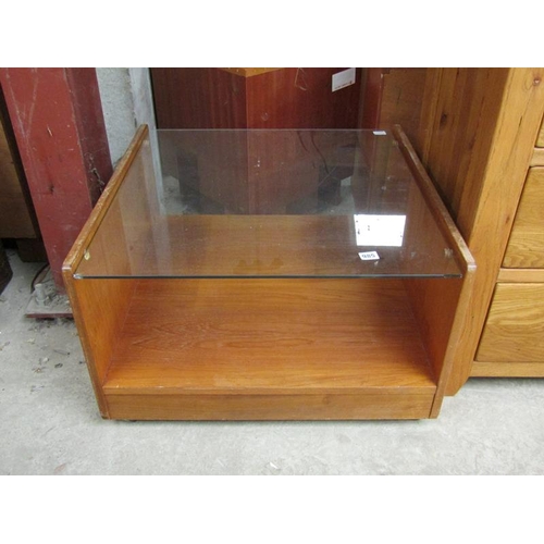 985 - GLASS TOP TEAK TABLE