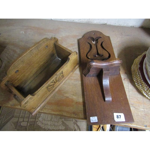 87 - ART NOUVEAU OAK BRACKET SHELF AND CARVED OAK LETTER RACK