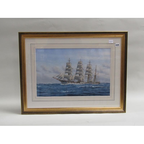 1039 - MARK MYERS HMS DUMFRISHIRE, SIGNED WATERCOLOUR F/G 35 x 54 cms