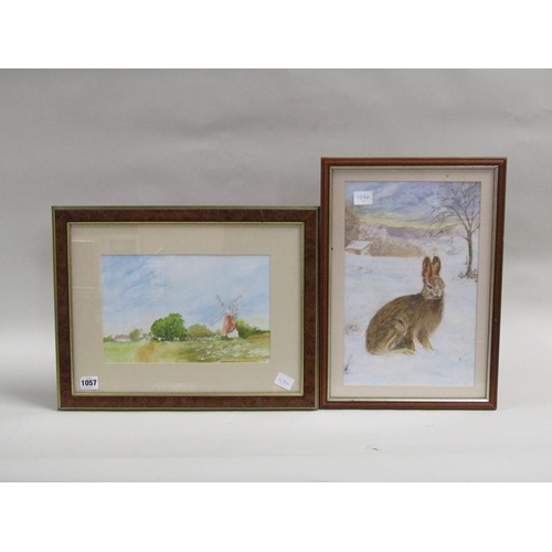 1057 - PATRICIA L AYERS, THE WINDMILL AND THE HARE IN SNOW WATERCOLOURS, F/G