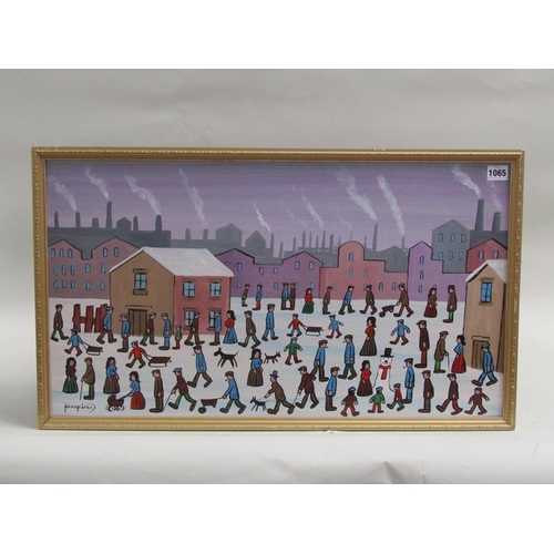 1065 - HORSFIELD, PAINTING IN THE STYLE OF LOWRY - THE SNOWMAN, OIL ON BOARD FRAMED 40 x 70