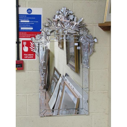 1068 - WALL MIRROR WITH PANELS OF ENGRAVED FOLIATE GLASS 108 x 65 cms