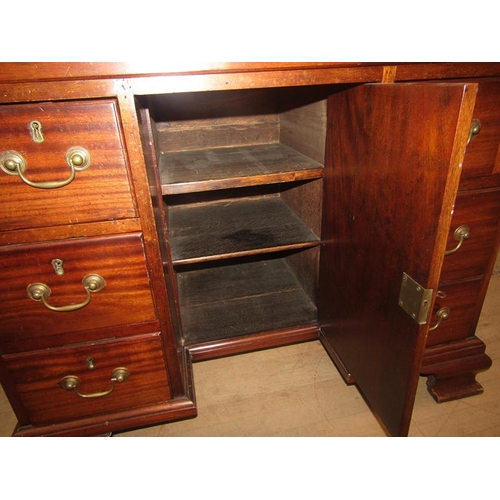 1461 - 19c MAHOGANY KNEEHOLE DESK FITTED ONE LONG FRIEZE DRAWER OVER CENTRAL RECESS CUPBOARD AND FLANKED BY... 