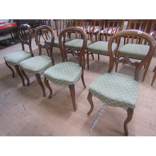 1467 - FOUR VICTORIAN BALLOON BACK DINING CHAIRS WITH UPHOLSTERED SEATS, CABRIOLE FRONT LEGS AND REAR SWEPT... 