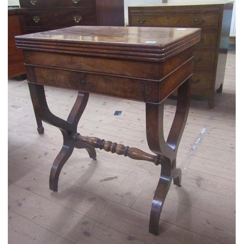 1480 - 19c FIGURED MAHOGANY REFECTORY STYLE FOLD OVER GAMES TABLE WITH FITTED WELL ON X STRETCHER FRAME