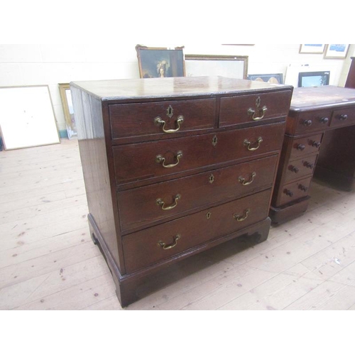 1485 - 18c OAK COUNTRY MAID CHEST 2 SHORT AND THREE LONG DRAWERS ON BRACKET FEET