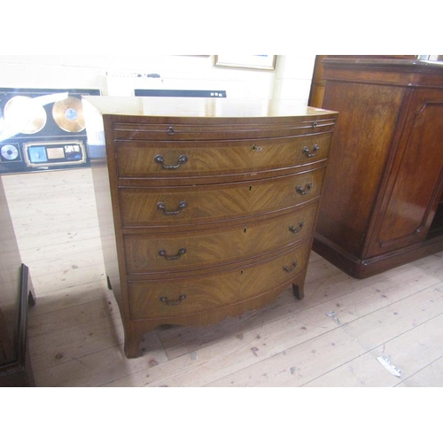 1488 - 19c MAHOGANY CROSS BANDED AND LINE INLAID BOW FRONT CHEST OF FOUR LONG GRADUATED DRAWERS WITH A SLID... 