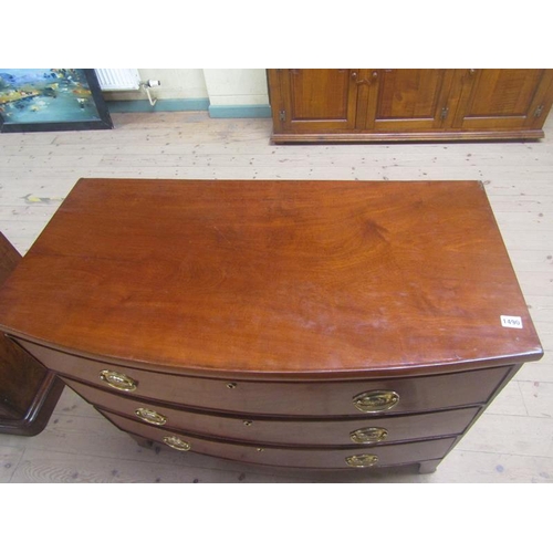 1490 - 19c MAHOGANY BOW FRONT CHEST OF THREE LONG DRAWERS ON SPLAYED LEGS 104 x 87 cms