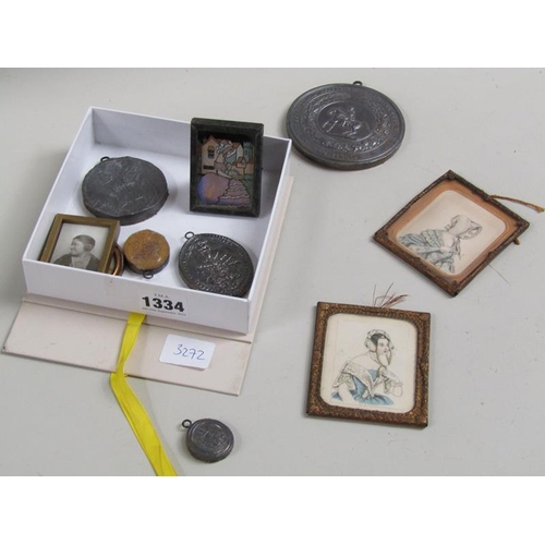 1334 - BOX OF MISC. METALWARE INC. MEDALS AND TWO FRAMED MINIATURE COLOURED PRINTS OF 19c LADIES