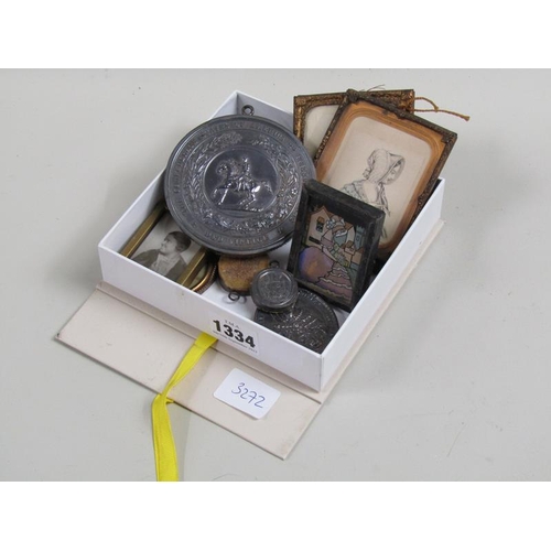 1334 - BOX OF MISC. METALWARE INC. MEDALS AND TWO FRAMED MINIATURE COLOURED PRINTS OF 19c LADIES