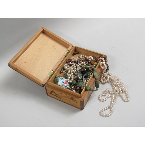 1346 - WOODEN JEWEL BOX OF MISC. COSTUME JEWELLERY AND BEADS