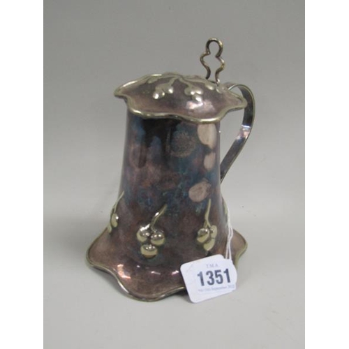 1351 - ART NOUVEAU PERIOD SILVER PLATED JUG WITH HINGED COVER AND THUMB PIECE