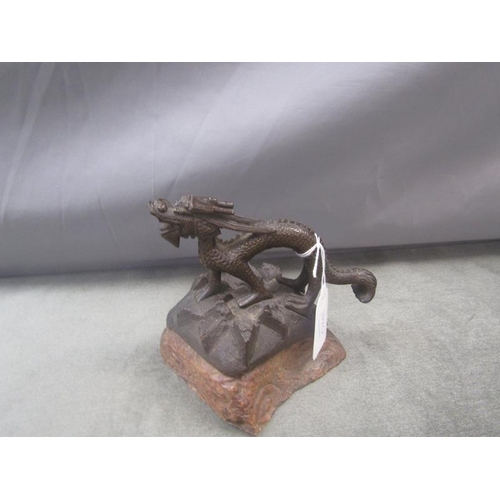 1191 - ORIENTAL CAST BRONZE DRAGON ON ROCK STAND 14cms H