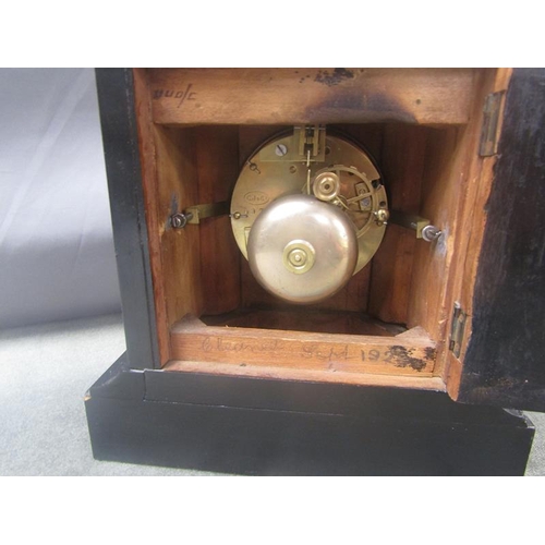 1209 - VICTORIAN WALNUT AND EBONISED MANTEL CLOCK 21cms H