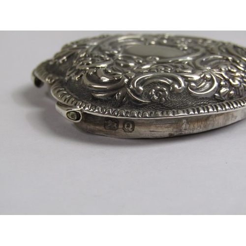 1224 - SILVER TRINKET BOX OF HEART SHAPED FORM EMBOSSED AND CHASED 6cms W - HINGE REQUIRES ATTENTION