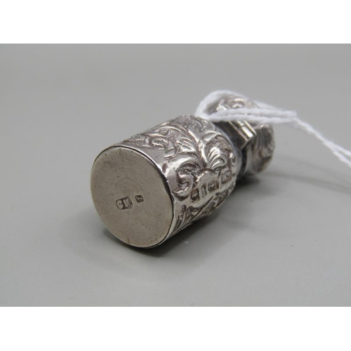 1228 - SILVER MINIATURE SCENT BOTTLE WITH STOPPER AND HINGED COVER 3.5cms H