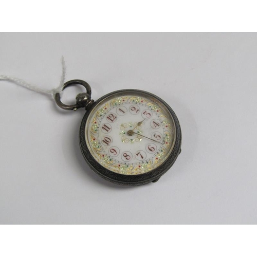 1240 - LATE VICTORIAN SILVER CASED LADIES FOB WATCH WITH DECORATED ENAMEL DIAL