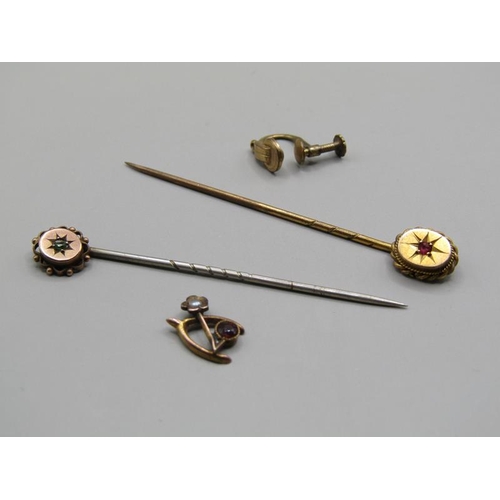 1264 - TWO GOLD RUBY SET STICK PINS, ONE PIN WITH NO TOPPER,  AND ONE EARRING