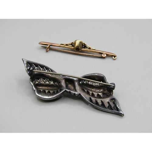 1266 - GOLD OPAL SET BAR BROOCH TOGETHER WITH ONE MARCASITE BOW BROOCH