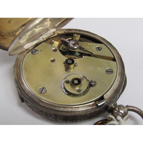 1280 - SILVER CASED POCKET WATCH WITH WHITE ENAMEL DECORATED DIAL