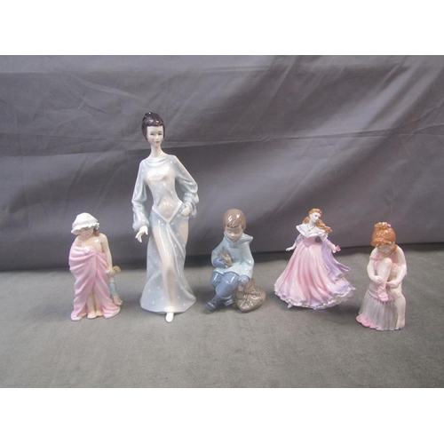 1453 - DOULTON FIGURE, NAO FIGURE, AND THREE ROYAL WORCESTER - LARGEST 33cms H