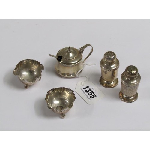 1355 - THREE PIECE SILVER CRUET AND TWO SALTS