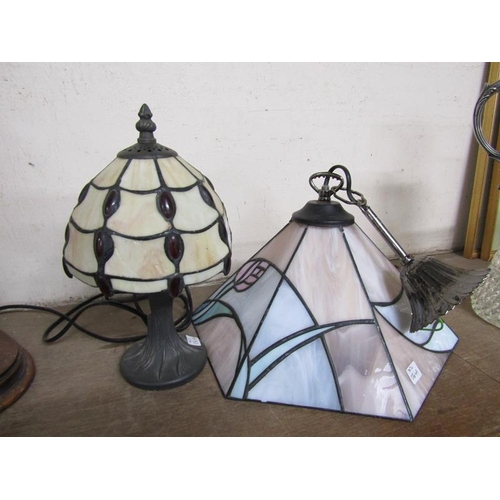 15 - TIFFANY STYLE CELING LIGHT; TABLE LAMP