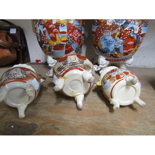 72 - PAIR OF LARGE THREE LEGGED SATSUMA VASES; THREE SMALLER