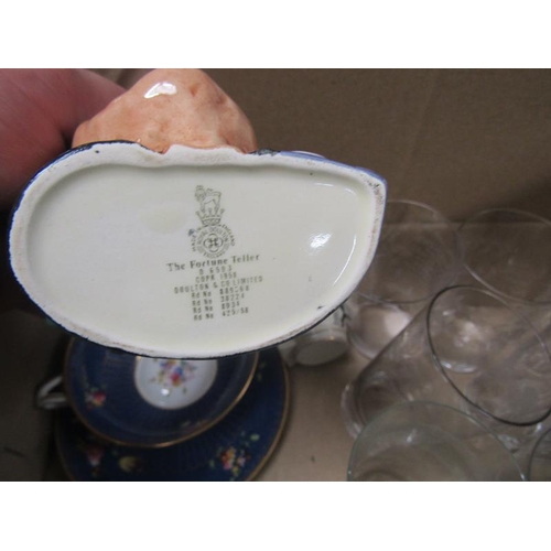 295 - BOX OF TUMBLER GLASSES, WEDGWOOD AND ROYAL DOULTON CHARACTER JUG ETC