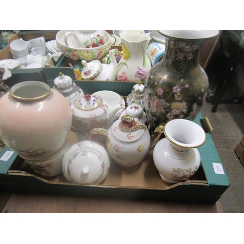 394 - THREE BOXES OF MIXED CERAMICS, PLATES, VASES ETC