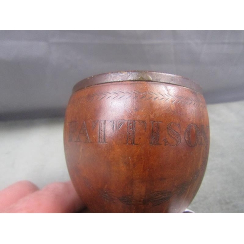 1311 - GEORGIAN MOUNTED CUP ENSCRIBED 'PATTERSON, TELFORD 1824', 11CM H