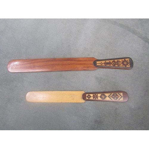 1325 - TWO VICTORIAN TUNBRIDGE WARE PAPER KNIVES, LARGEST 26CM L