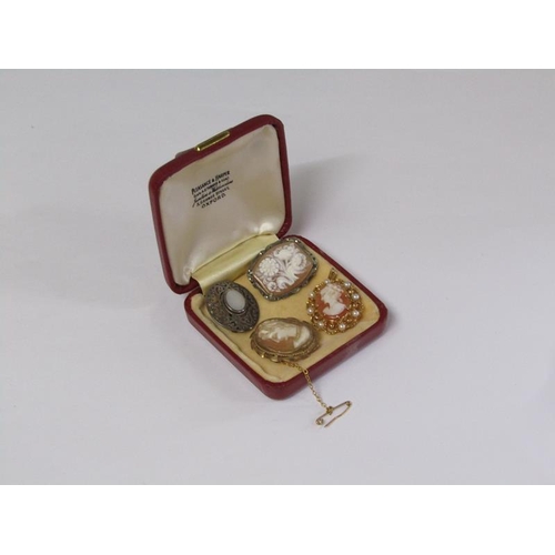 1352 - TWO GOLD MOUNTED CAMEO BROOCHES; SILVER MOUNTED CAMEO BROOCH; WHITE STONE AND SILVER BROOCH