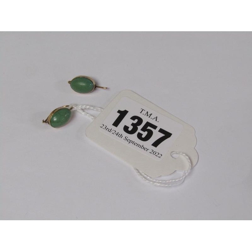 1357 - PAIR OF GOLD AND CABACHON GREEN STONE EARRINGS