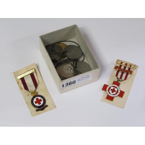 1360 - COLLECTION OF THREE DOG TAGS; RED CROSS SOCIETY MEDAL; 1977 PRESENTATION COIN; TWO WW1 SERVICE MEDAL... 