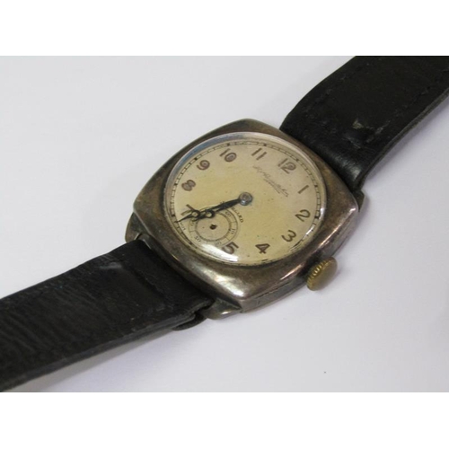 1371 - HW RUSSELL & SONS SILVER CASED WATCH WITH BLACK LEATHER STRAP; MAPPIN & WEBB QUARTZ GENTS WATCH