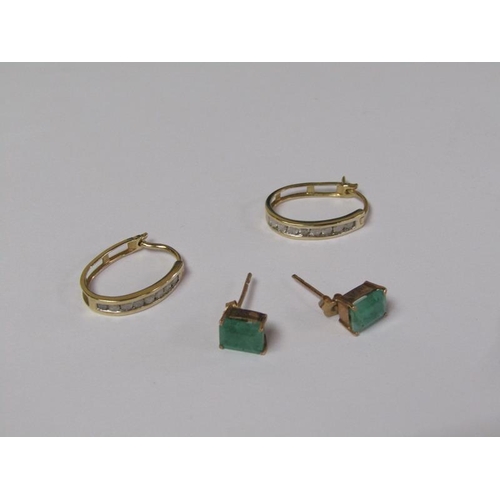 1376 - 9CT GOLD GREEN STONE PENDANT; PAIR OF MATCHING EARRINGS; CHAIN; PAIR OF WHITE STONE MOUNTED GOLD EAR... 