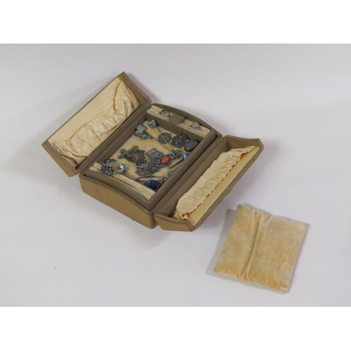 1382 - SUEDE COVERED JEWELLERY BOX TOGETHER WITH THE MISC. COSTUME JEWELLERY CONTAINED THEREIN