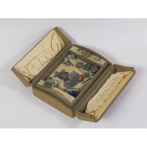 1382 - SUEDE COVERED JEWELLERY BOX TOGETHER WITH THE MISC. COSTUME JEWELLERY CONTAINED THEREIN