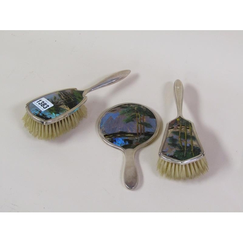 1383 - TWO SILVER BACKED BUTTERFLY WING DECORATED BRUSHES AND A MIRROR