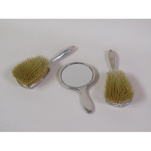 1383 - TWO SILVER BACKED BUTTERFLY WING DECORATED BRUSHES AND A MIRROR