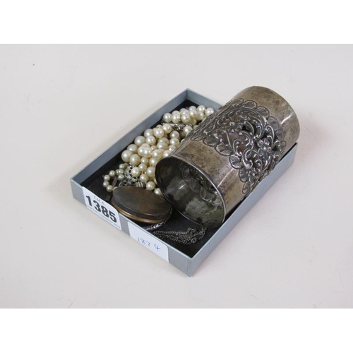 1385 - SILVER BOTTLE SLEEVE TOGETHER WITH TWO STRANDS OF PEARL BEADS, CRUCIFIX AND SEAL IN BOX